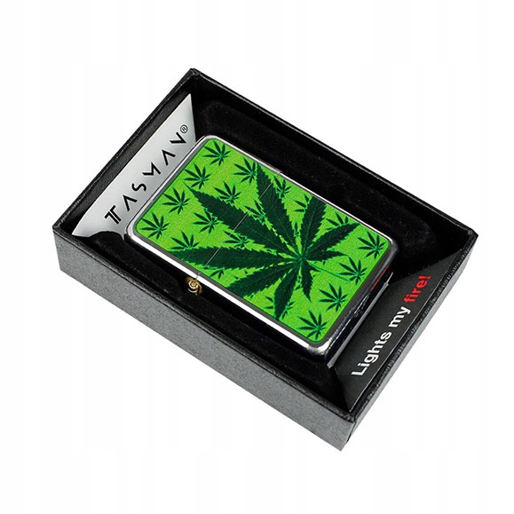 ZAPALNICZKA BENZYNOWA TASMAN METALOWA W PUDEŁKU - LIŚĆ KONOPI